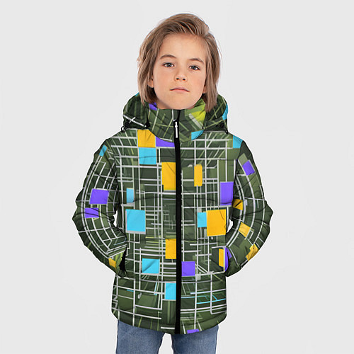 Зимняя куртка для мальчика Разноцветные квадраты и белые полосы / 3D-Светло-серый – фото 3