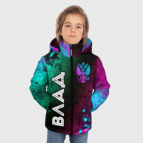Зимняя куртка для мальчика Влад и неоновый герб России вертикально / 3D-Черный – фото 3
