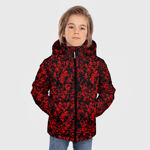Зимняя куртка для мальчика Абстракция чёрная с красными перьями / 3D-Черный – фото 3