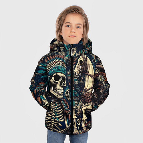 Зимняя куртка для мальчика Татуировка скелета индейца и ковбоя в техасе / 3D-Черный – фото 3