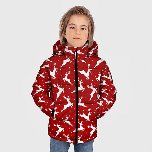 Зимняя куртка для мальчика Красный паттерн с новогодними оленями / 3D-Красный – фото 3