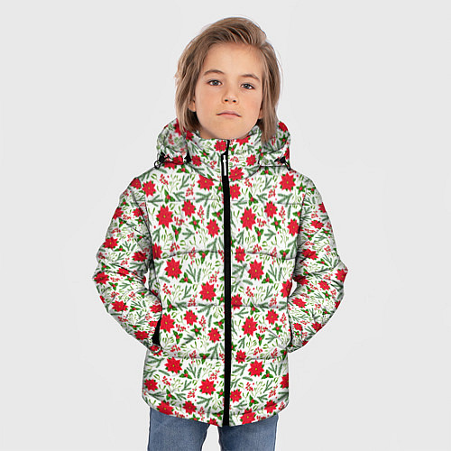 Зимняя куртка для мальчика Красная пуансеттия с листьями / 3D-Черный – фото 3
