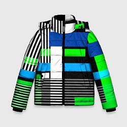 Зимняя куртка для мальчика Геометрический узор сине -зеленый в стиле пэчворк