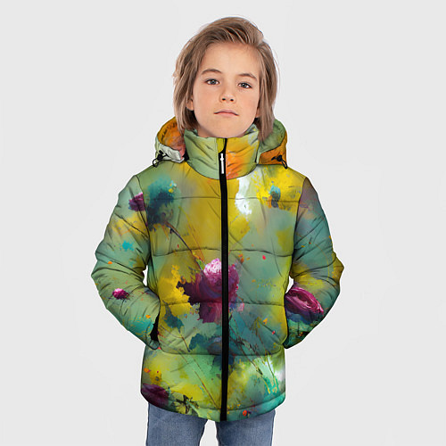 Зимняя куртка для мальчика Абстрактные розы в пятнах краски / 3D-Черный – фото 3