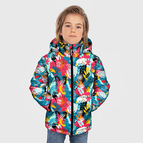 Зимняя куртка для мальчика Тропический цветной узор / 3D-Черный – фото 3