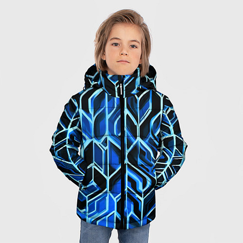 Зимняя куртка для мальчика Синие полосы на чёрном фоне / 3D-Черный – фото 3