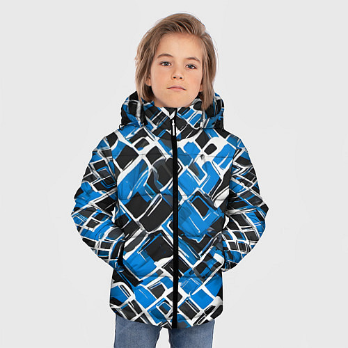 Зимняя куртка для мальчика Синие фигуры и белые линии / 3D-Черный – фото 3