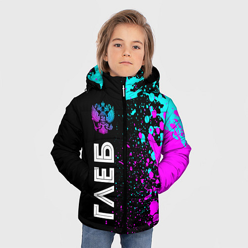 Зимняя куртка для мальчика Глеб и неоновый герб России по-вертикали / 3D-Черный – фото 3