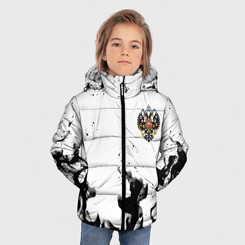 Зимняя куртка для мальчика Герб РФ огненный стиль чернобелый / 3D-Светло-серый – фото 3