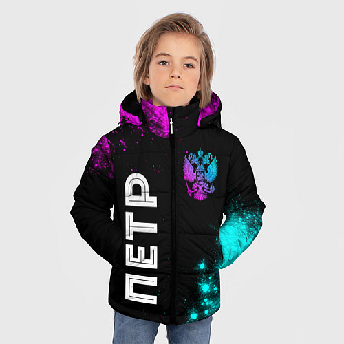 Зимняя куртка для мальчика Петр и неоновый герб России вертикально / 3D-Черный – фото 3