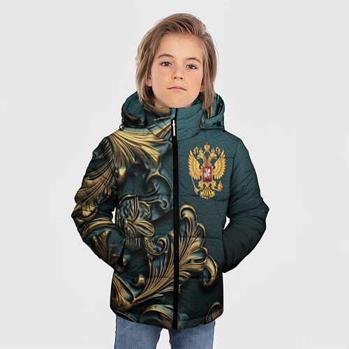 Зимняя куртка для мальчика Герб России и бирюзовый фон / 3D-Светло-серый – фото 3