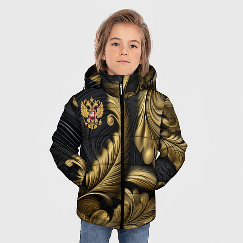 Зимняя куртка для мальчика Золотой узор и герб России / 3D-Черный – фото 3