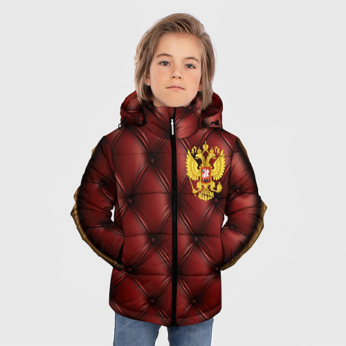 Зимняя куртка для мальчика Золотой герб России на красном кожаном фоне / 3D-Светло-серый – фото 3