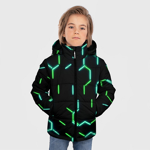 Зимняя куртка для мальчика Зеленые неоновые неполные гексагоны / 3D-Черный – фото 3
