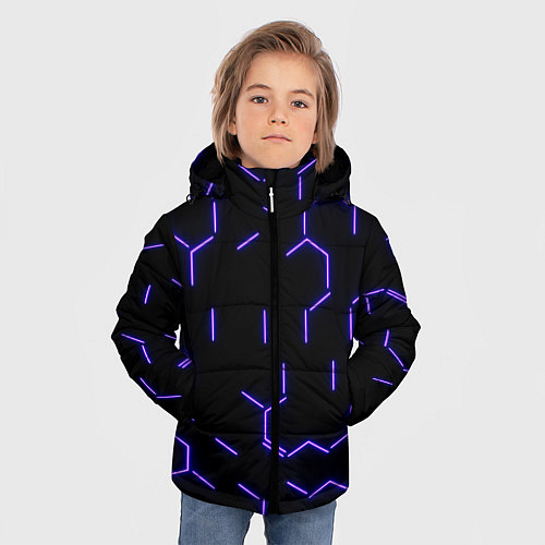 Зимняя куртка для мальчика Фиолетовые неоновые неполные гексагоны / 3D-Черный – фото 3