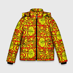 Зимняя куртка для мальчика Хохломская роспись золотистые цветы и ягоды на кра