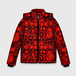 Зимняя куртка для мальчика Хохломская роспись красные цветы и ягоды на чёрном
