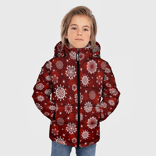Зимняя куртка для мальчика Snowflakes on a red background / 3D-Светло-серый – фото 3