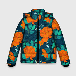 Куртка зимняя для мальчика Паттерн с оранжевыми цветами, цвет: 3D-черный