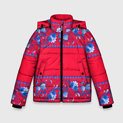 Зимняя куртка для мальчика Голубая гжель на красном фоне