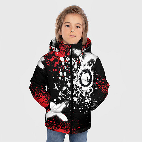 Зимняя куртка для мальчика Дракон уроборос на фоне брызг красок и граффити / 3D-Черный – фото 3