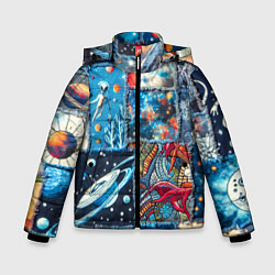 Куртка зимняя для мальчика Космические обитатели на дениме, цвет: 3D-светло-серый