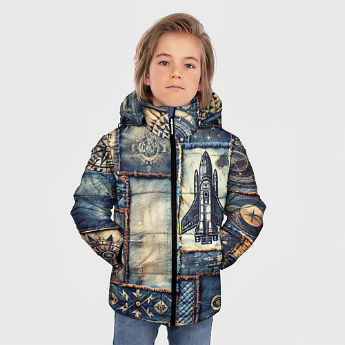 Зимняя куртка для мальчика Космический корабль - пэчворк / 3D-Черный – фото 3