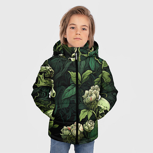 Зимняя куртка для мальчика Черепа в поле цветов / 3D-Черный – фото 3
