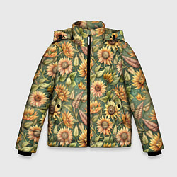 Куртка зимняя для мальчика Желтые подсолнухи и пшеница, цвет: 3D-черный