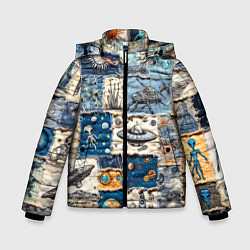Зимняя куртка для мальчика Джинсовый пэчворк с пришельцами