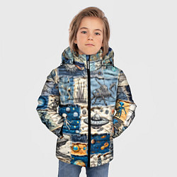 Куртка зимняя для мальчика Джинсовый пэчворк с пришельцами, цвет: 3D-светло-серый — фото 2