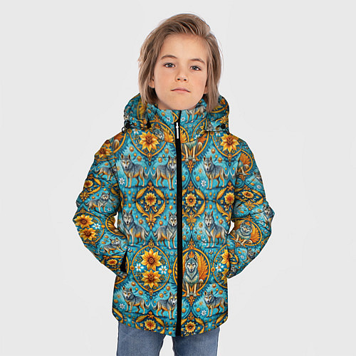 Зимняя куртка для мальчика Узоры волки и цветы / 3D-Черный – фото 3