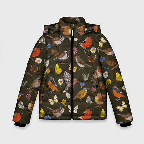 Зимняя куртка для мальчика Птицы и бабочки с цветами паттерн / 3D-Светло-серый – фото 1