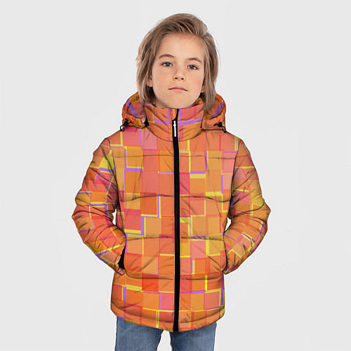 Зимняя куртка для мальчика Россыпь оранжевых квадратов / 3D-Черный – фото 3