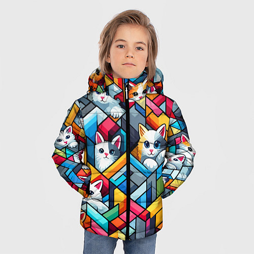 Зимняя куртка для мальчика Геометрический паттерн с котятами - нейросеть / 3D-Черный – фото 3