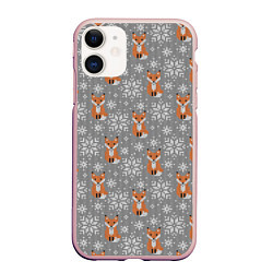 Чехол iPhone 11 матовый Зимние лисицы, цвет: 3D-светло-розовый