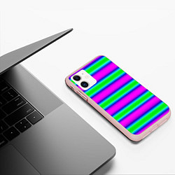 Чехол iPhone 11 матовый Зеленый и фиолетовые яркие неоновые полосы striped, цвет: 3D-светло-розовый — фото 2