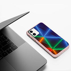 Чехол iPhone 11 матовый Неоновые лучи разных цветов - Синий, цвет: 3D-светло-розовый — фото 2