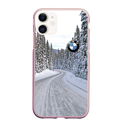 Чехол iPhone 11 матовый BMW - зимняя дорога через лес, цвет: 3D-светло-розовый