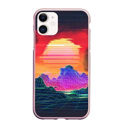 Чехол iPhone 11 матовый Синтвейв неоновые горы на закате, цвет: 3D-светло-розовый