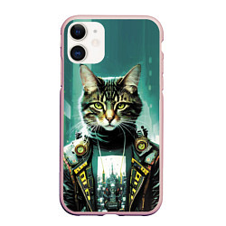 Чехол iPhone 11 матовый Funny cat on the background of skyscrapers, цвет: 3D-светло-розовый