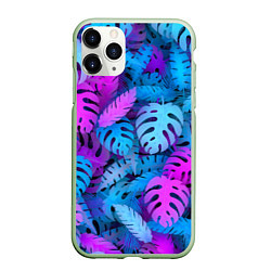 Чехол iPhone 11 Pro матовый Сине-розовые тропики, цвет: 3D-салатовый