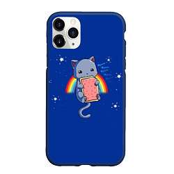 Чехол iPhone 11 Pro матовый Котик на радуге, цвет: 3D-тёмно-синий