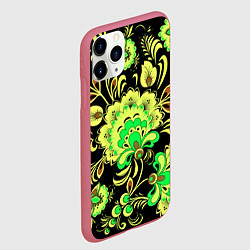 Чехол iPhone 11 Pro матовый Хохлома: черный и салатовый, цвет: 3D-малиновый — фото 2