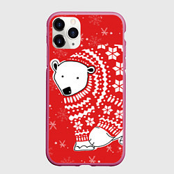 Чехол iPhone 11 Pro матовый Новогодний медведь, цвет: 3D-малиновый