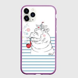 Чехол iPhone 11 Pro матовый Белый бегемот моряк, цвет: 3D-фиолетовый