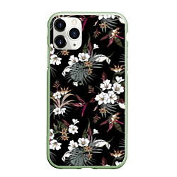 Чехол iPhone 11 Pro матовый Белые цветы в темноте, цвет: 3D-салатовый