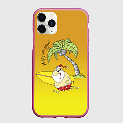 Чехол iPhone 11 Pro матовый Happy New Year - Santa on the beach, цвет: 3D-малиновый