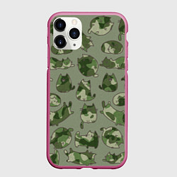 Чехол iPhone 11 Pro матовый Камуфляж с котиками хаки, цвет: 3D-малиновый