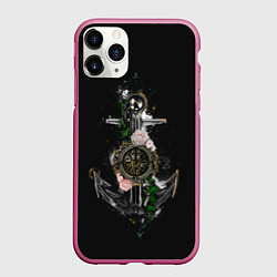 Чехол iPhone 11 Pro матовый Якорь с компасом и цветами, цвет: 3D-малиновый